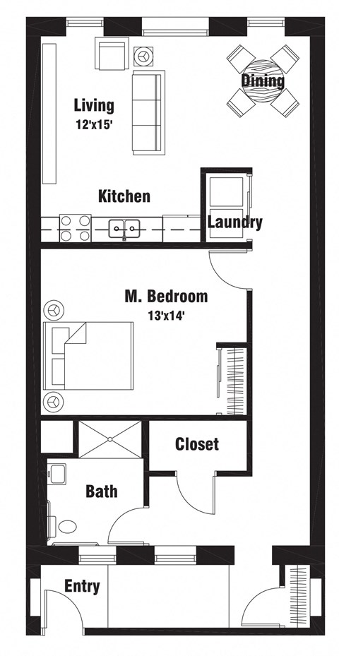 Floor plan for 1 bed, 1 bath, 996 sqft